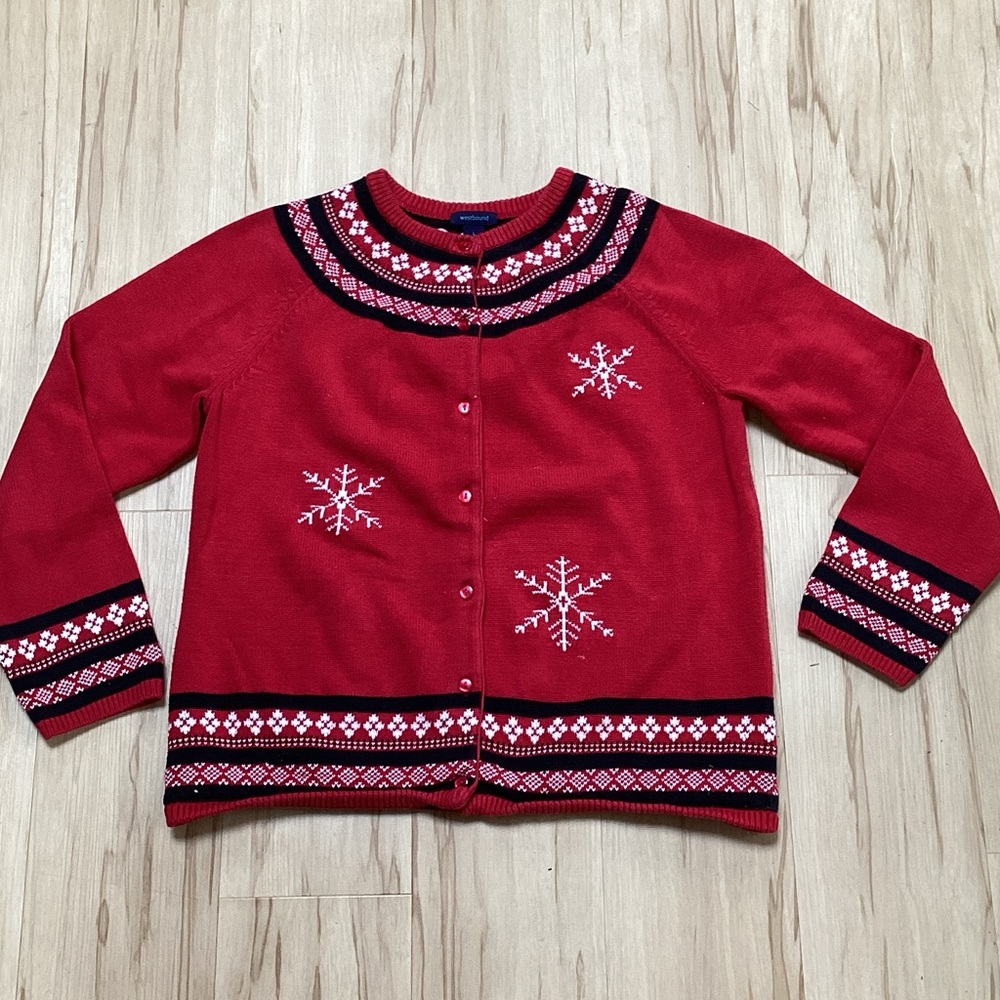Westbound 100% Cotton Fair Isle Nordic White Snowflake Red Cardigan Sweater L